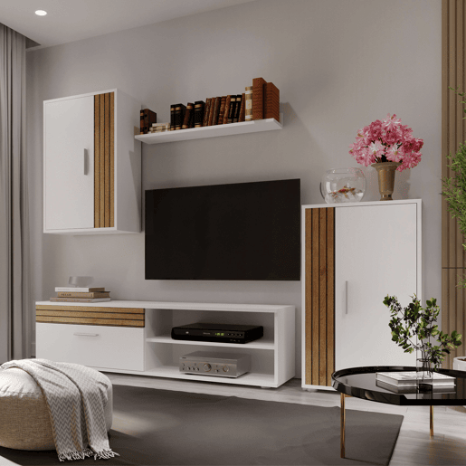 Móveis de TV Kolm para sala de estar e sala de jantar em estilo nórdico em carvalho e branco fosco com 3 portas e 2 prateleiras