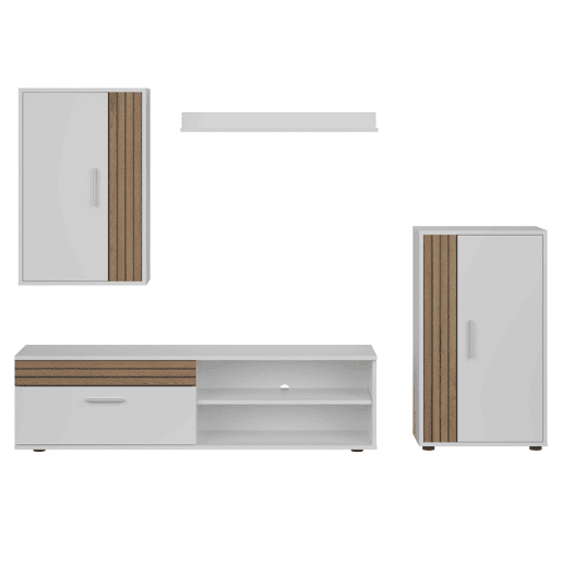 Móveis de TV Kolm para sala de estar e sala de jantar em estilo nórdico em carvalho e branco fosco com 3 portas e 2 prateleiras
