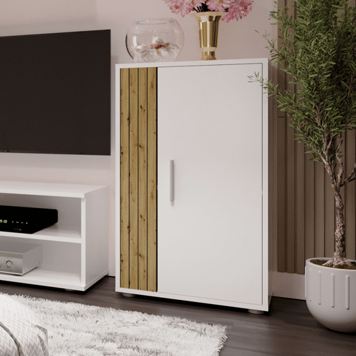 Móveis de TV Kolm para sala de estar e sala de jantar em estilo nórdico em carvalho e branco fosco com 3 portas e 2 prateleiras