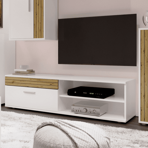 Móveis de TV Kolm para sala de estar e sala de jantar em estilo nórdico em carvalho e branco fosco com 3 portas e 2 prateleiras