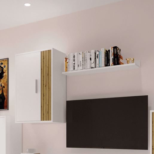 Móveis de TV Kolm para sala de estar e sala de jantar em estilo nórdico em carvalho e branco fosco com 3 portas e 2 prateleiras