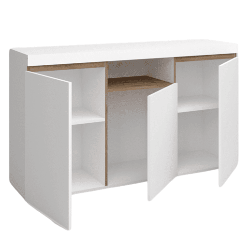 Pacote de móveis para sala de estar e jantar em estilo nórdico Elis em cores brancas e naturais com armário de TV e aparador