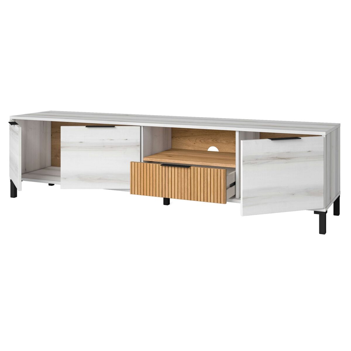 Conjunto de muebles de salón tokio estilo nórdico en color blanco albo y roble rayado (aparador + mesa de centro + mueble de tv)