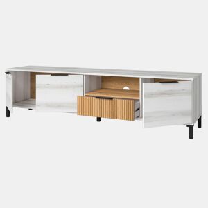 Conjunto de móveis para sala de estar estilo nórdico em Tóquio, em branco Albo e carvalho listrado (aparador + mesa de centro + suporte para TV)