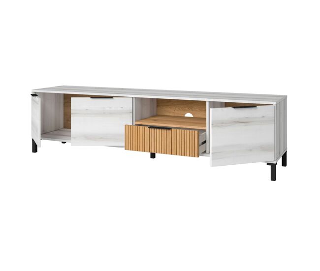 Conjunto de muebles de salón tokio estilo nórdico en color blanco albo y roble rayado (aparador + mesa de centro + mueble de tv)