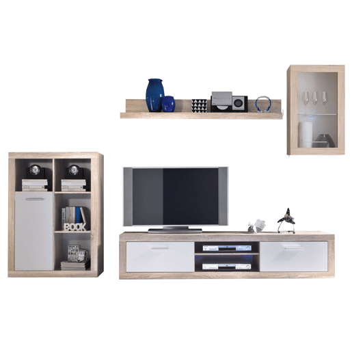 Móveis para sala de estar Fera Modern Style em carvalho Sonoma e branco com 2 portas, 1 prateleira e medidas de 270 cm