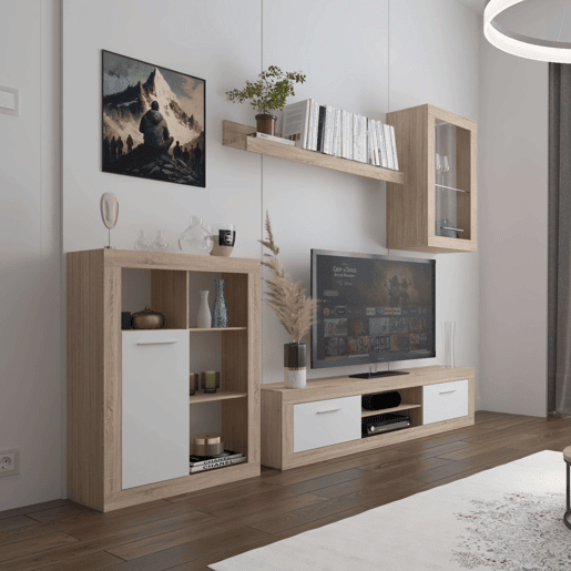 Móveis para sala de estar Fera Modern Style em carvalho Sonoma e branco com 2 portas, 1 prateleira e medidas de 270 cm