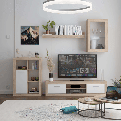 Móveis para sala de estar Fera Modern Style em carvalho Sonoma e branco com 2 portas, 1 prateleira e medidas de 270 cm