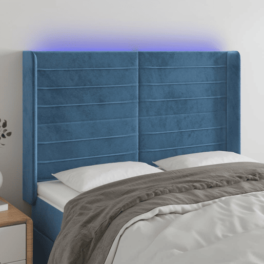 vidaXL Cabeceira cama c luzes LED veludo 147x16x118128cm azul-escuro vidaXL Cabeceira cama c luzes LED veludo 147x16x118128cm azul-escuro