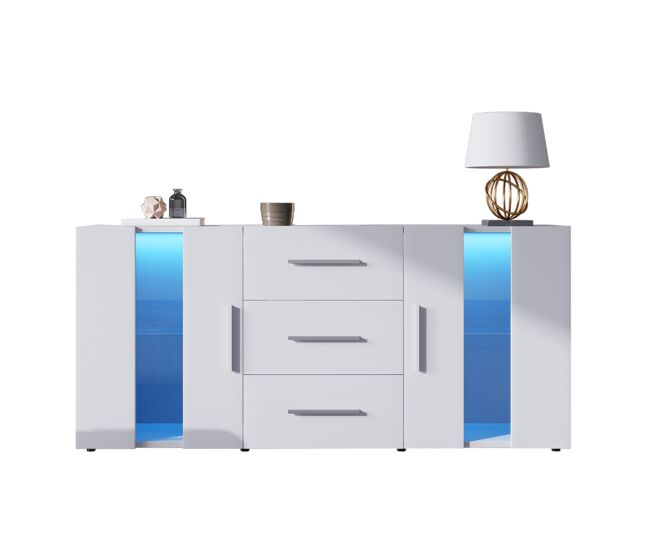Mueble tv 140cm de mdf con 2 puertas,3 cajones y luz led,blanco