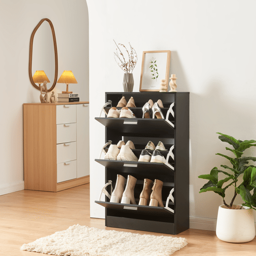 Sapateira Sykkylven 103x60x24 cm com 3 abas Preto en.casa