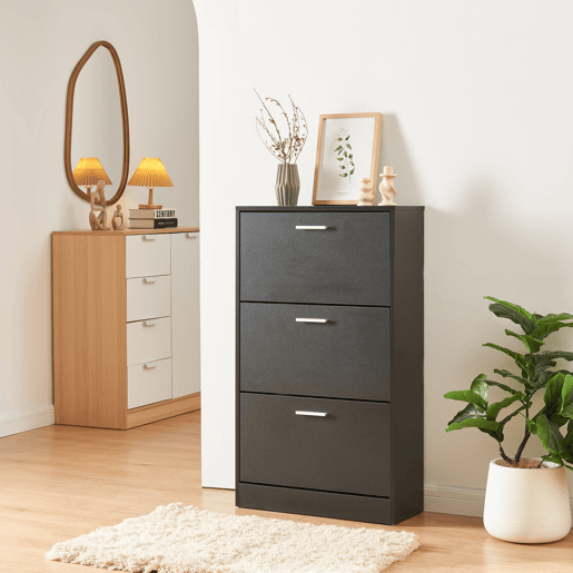 Sapateira Sykkylven 103x60x24 cm com 3 abas Preto en.casa