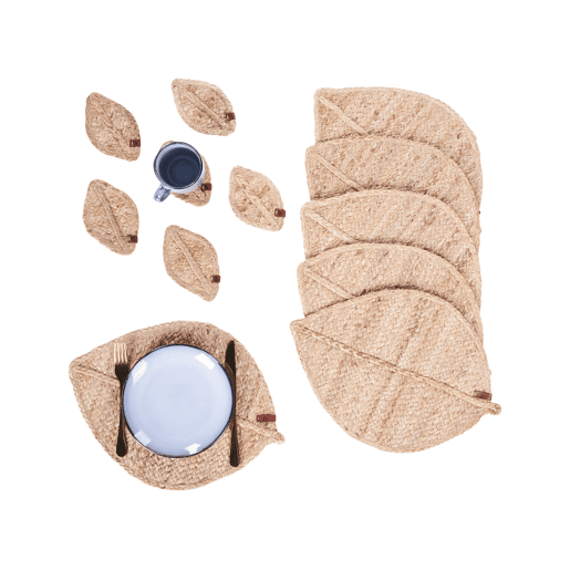 Conjunto de individuais e bases para copos PEPPERLEAF Natural Juta