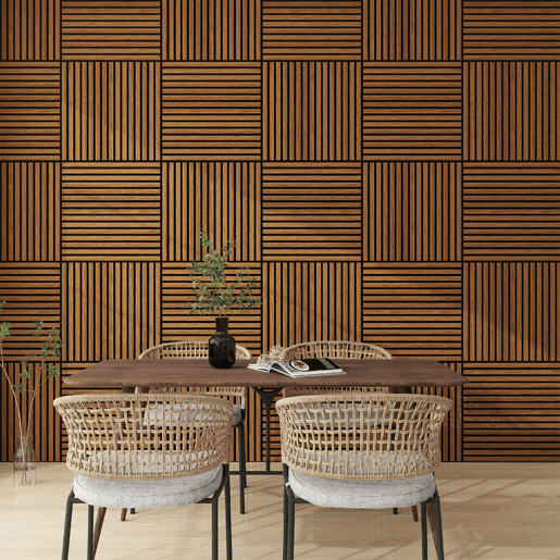 Conjunto de 16 painéis acústicos 3D Vang com lâminas lineares 5,76 m² Teca NEU.HOLZ Conjunto de 16 painéis acústicos 3D Vang com lâminas lineares 5,76 m² Teca NEU.HOLZ