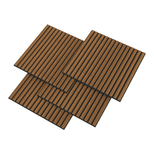 Conjunto de 16 painéis acústicos 3D Vang com lâminas lineares 5,76 m² Teca NEU.HOLZ Conjunto de 16 painéis acústicos 3D Vang com lâminas lineares 5,76 m² Teca NEU.HOLZ