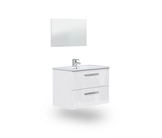 Mueble de baño suspendido de 2 cajones y espejo en blanco brillo 45x80 cm feel blanco brillo 80 x 57 x 45 cm