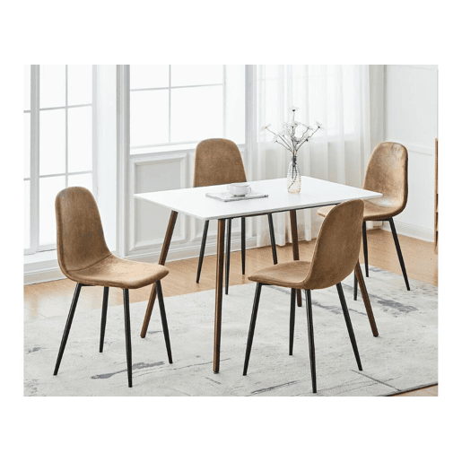 MESA DE MÁRMORE BRANCO WHALEN 120 KD + CHARLTON SUEDE BROWN S FRXZ B conjunto de mesa com efeito de mármore branco e 4 cadeiras escandinavas castanhas retro