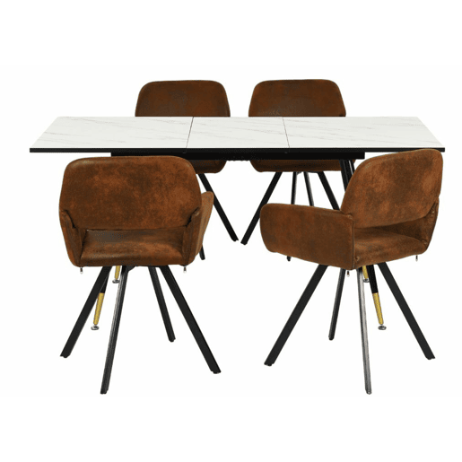 Conjunto de jantar com 1 mesa extensível efeito mármore (120u2013160 cm) + 4 cadeiras vintage castanhas com pés metálicos dourados