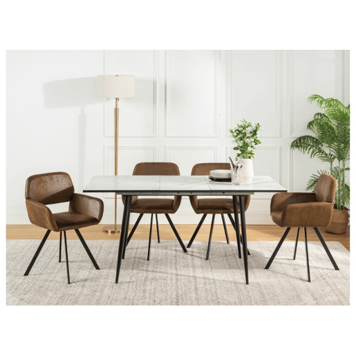 Conjunto de jantar com 1 mesa extensível efeito mármore (120u2013160 cm) + 4 cadeiras vintage castanhas com pés metálicos dourados