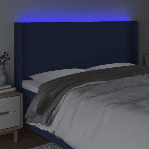 vidaXL Cabeceira de cama c luzes LED tecido 183x16x118128 cm azul