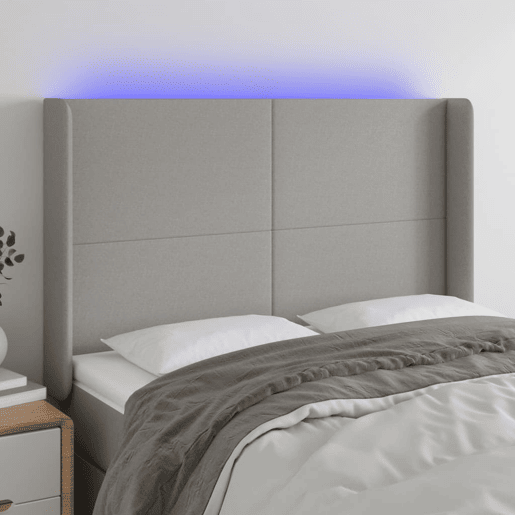 vidaXL Cabeceira cama c luzes LED tecido 147x16x118128cm cinza-claro