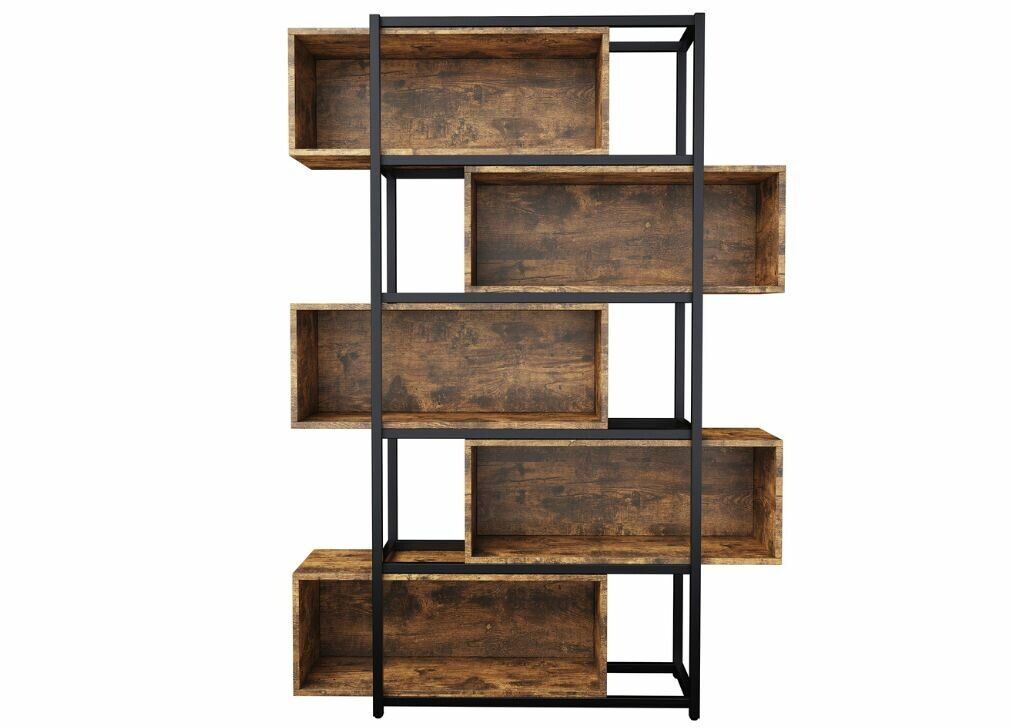 Librería de 5 niveles con efecto veta de madera y tubo de acero