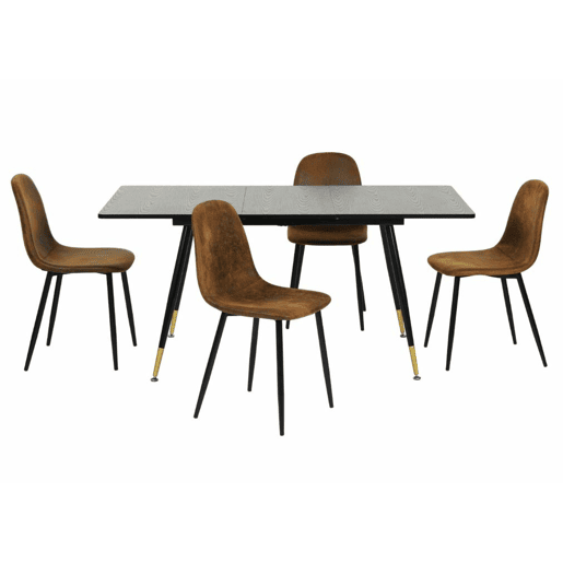 Conjunto de mesa extensível com efeito madeira preta 120-160 e 4 cadeiras estilo escandinavo retro MESA ELÁSTICA WHALEN DARK WOOD BG B + CHARLTON SUEDE BROWN S FRXZ B