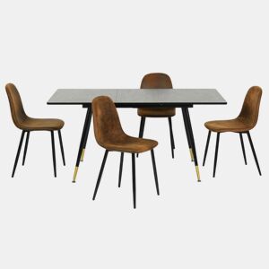 Conjunto de mesa extensível com efeito madeira preta 120-160 e 4 cadeiras estilo escandinavo retro MESA ELÁSTICA WHALEN DARK WOOD BG B + CHARLTON SUEDE BROWN S FRXZ B