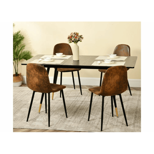 Conjunto de mesa extensível com efeito madeira preta 120-160 e 4 cadeiras estilo escandinavo retro MESA ELÁSTICA WHALEN DARK WOOD BG B + CHARLTON SUEDE BROWN S FRXZ B