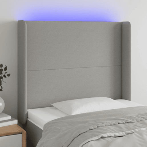 vidaXL Cabeceira cama c luzes LED tecido 103x16x118128cm cinza-claro