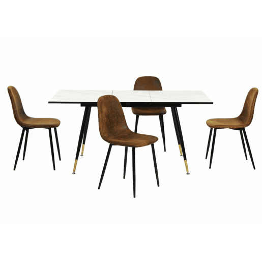 Mesa de jantar extensível retangular branca com efeito mármore em estilo escandinavo com pernas douradas 120-160 MESA ELÁSTICA DE MÁRMORE BRANCO WHALEN BG DD + CAMURÇA CHARLTON CASTANHO S FRXZ AA