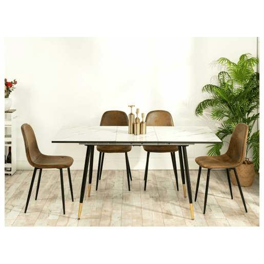 Mesa de jantar extensível retangular branca com efeito mármore em estilo escandinavo com pernas douradas 120-160 MESA ELÁSTICA DE MÁRMORE BRANCO WHALEN BG DD + CAMURÇA CHARLTON CASTANHO S FRXZ AA