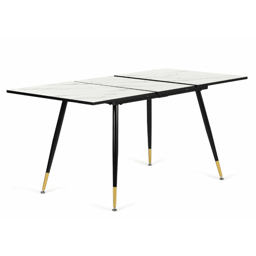 Mesa de jantar extensível retangular branca com efeito mármore em estilo escandinavo com pernas douradas 120-160 MESA ELÁSTICA DE MÁRMORE BRANCO WHALEN BG DD + CAMURÇA CHARLTON CASTANHO S FRXZ AA