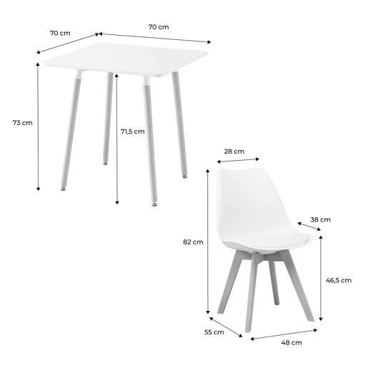 Mesa de jantar quadrada escandinava madeira 2 cadeiras, Hedvig, Branco, 70x70x73 cm