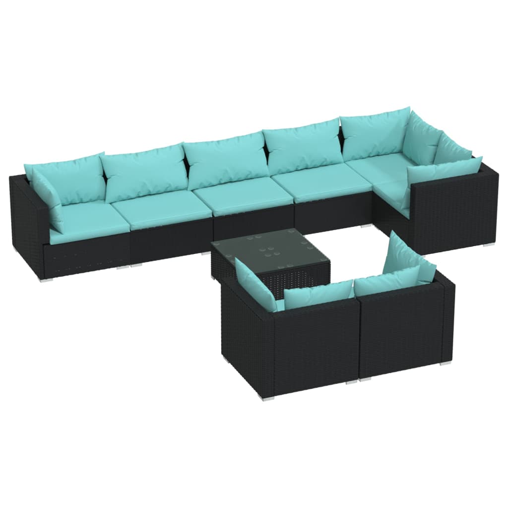 Set de muebles de jardín 9 pzas y cojines ratán sintético negro