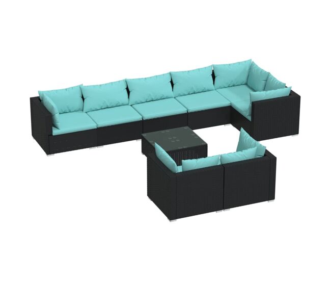 Set de muebles de jardín 9 pzas y cojines ratán sintético negro
