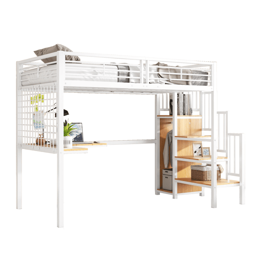 Cama alta para crianças,cama de solteiro de mdf e metal 90x200cm,branco+natural Cama alta para crianças,cama de solteiro de mdf e metal 90x200cm,branco+natural