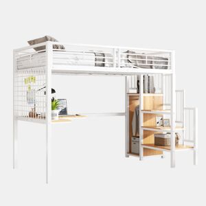 Cama alta para crianças,cama de solteiro de mdf e metal 90x200cm,branco+natural