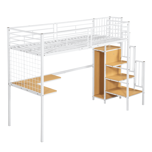 Cama alta para crianças,cama de solteiro de mdf e metal 90x200cm,branco+natural Cama alta para crianças,cama de solteiro de mdf e metal 90x200cm,branco+natural