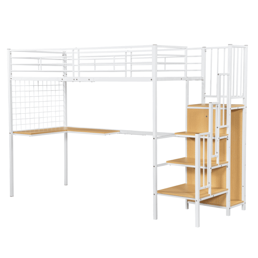 Cama alta para crianças,cama de solteiro de mdf e metal 90x200cm,branco+natural Cama alta para crianças,cama de solteiro de mdf e metal 90x200cm,branco+natural