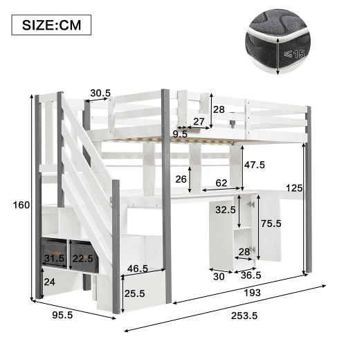 Cama alta para crianças,cama de solteiro de madeira de pinho e mdf 90x200cm,branco