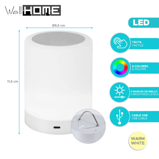 Lâmpada de toque recarregável Well Home com mudança de cor