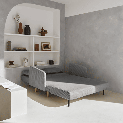 Sofá-cama em veludo canelado com pernas de madeira de 2 lugares, Panam veludo canelado grosso, Cinza Claro, 131x75x81 cm