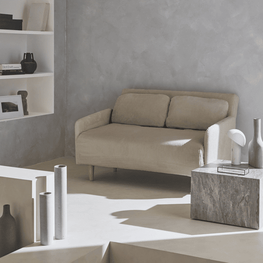 Sofá-cama em veludo canelado com pernas de madeira de 2 lugares, Panam veludo canelado grosso, Beige, 131x75x81 cm