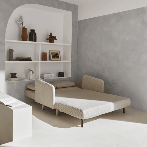 Sofá-cama em veludo canelado com pernas de madeira de 2 lugares, Panam veludo canelado grosso, Beige, 131x75x81 cm