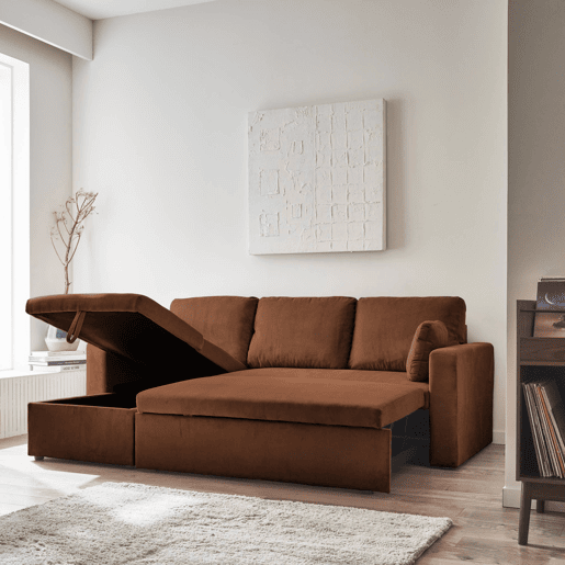 Sofá-cama de canto conversível de veludo canelado grosso de 3 lugares, Ida veludo canelado, Ferrugem, 219x84x68 cm