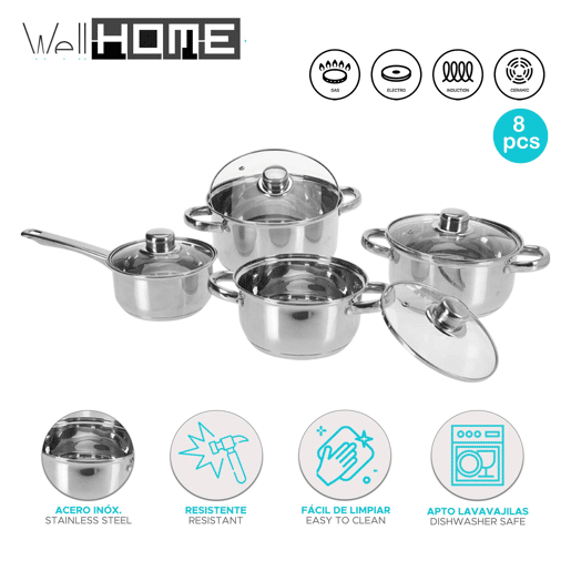 Conjunto de panelas Well Home 8 unidades com fundo encapsulado