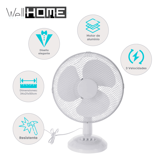 Ventilador de mesa Well Home, cabeça ajustável e oscilante
