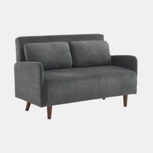 Sofá-cama em veludo canelado com pernas de madeira de 2 lugares, Panam veludo canelado grosso, Cinza escuro, 131x75x81 cm