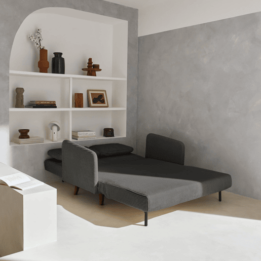 Sofá-cama em veludo canelado com pernas de madeira de 2 lugares, Panam veludo canelado grosso, Cinza escuro, 131x75x81 cm